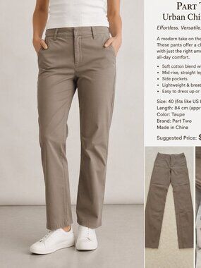 Part Two Taupe Chino Pants – Size 40 (US 10-12) – Cotton